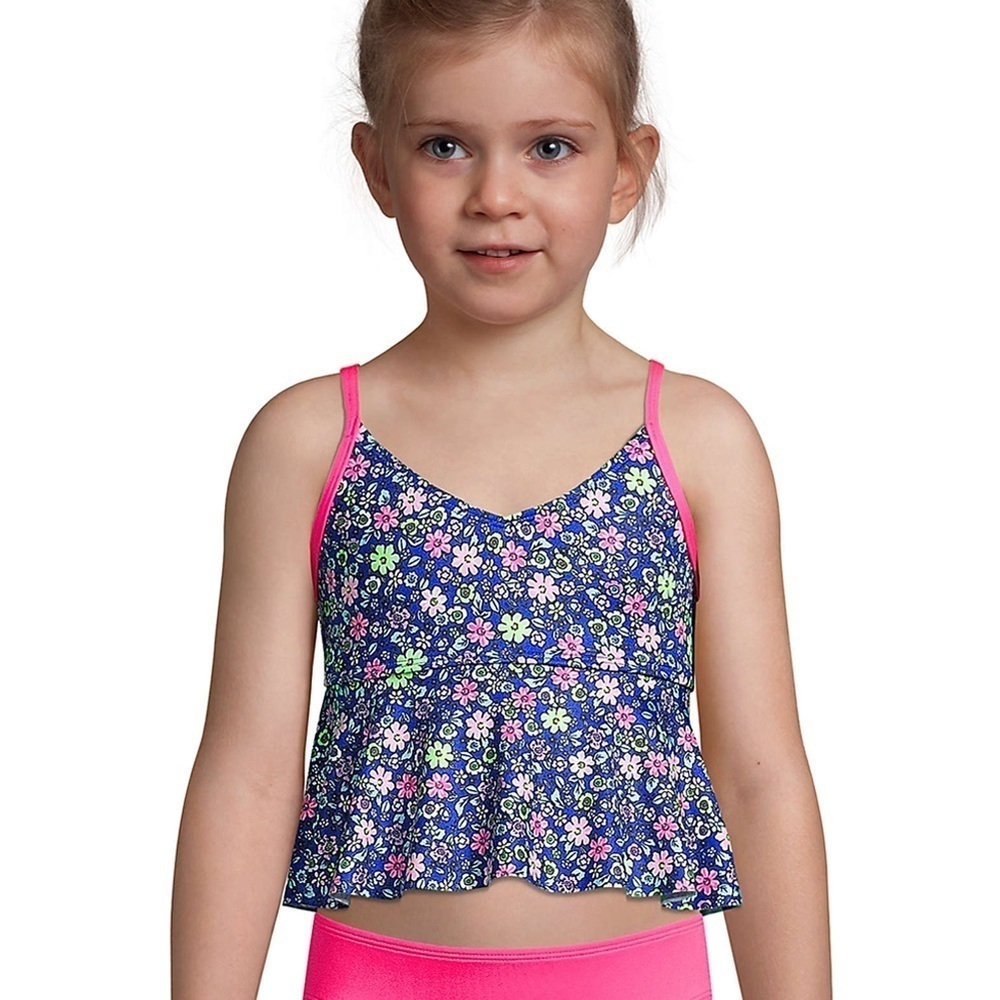 LANDS’ End Girls Ruffle Tankini Swimsuit Top in Blue Ditsy Floral Size 7 EUC